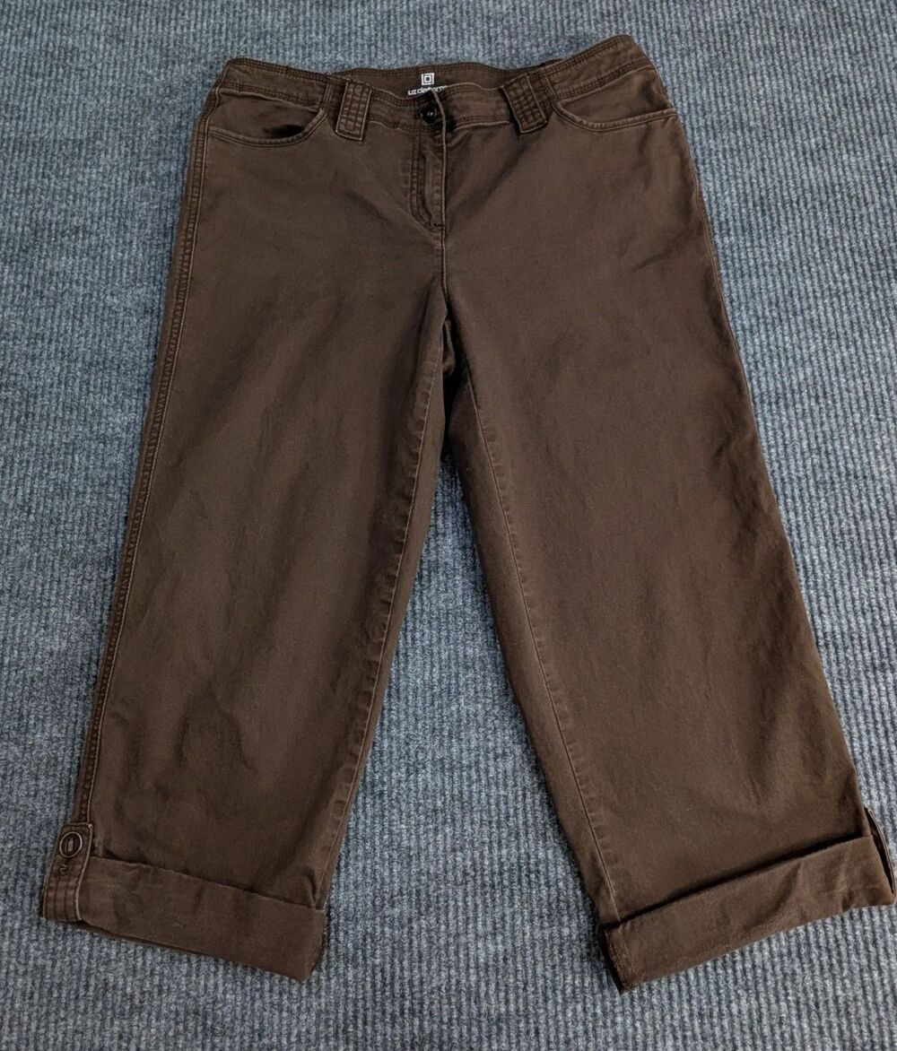 Liz Claiborne Womens Dark Brown Capri Mid Rise Cropped Pants 12 Roll Tab Cuff
